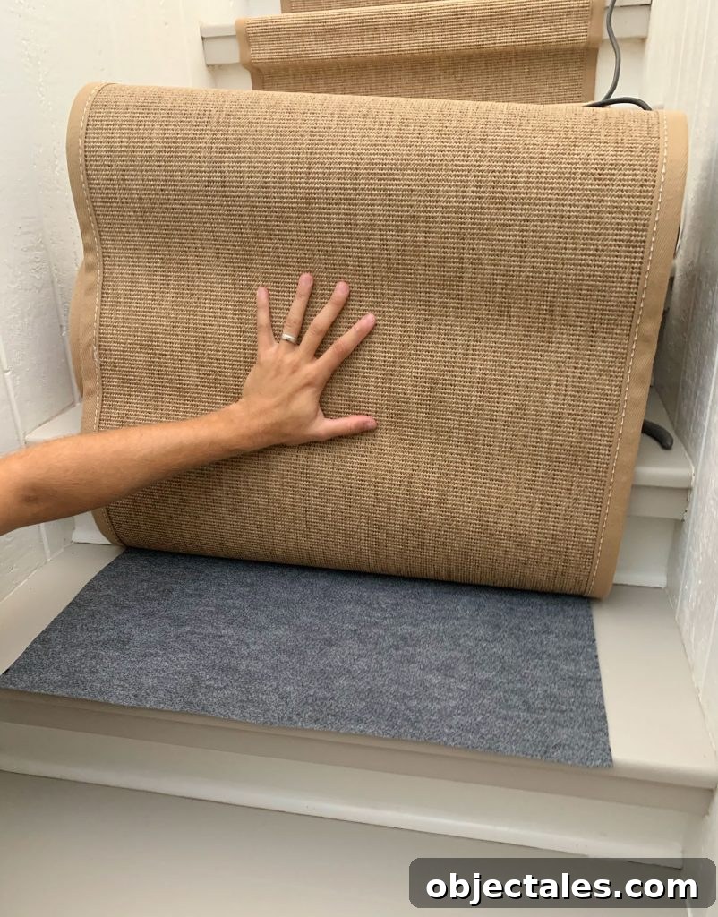 Cut Piece Of Foam Rug Pad Placed Under Sisal Stair Runner