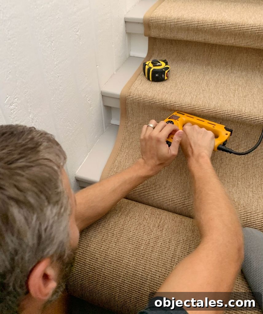 John Stapling Sisal Runner Under Lip of Stair Tread