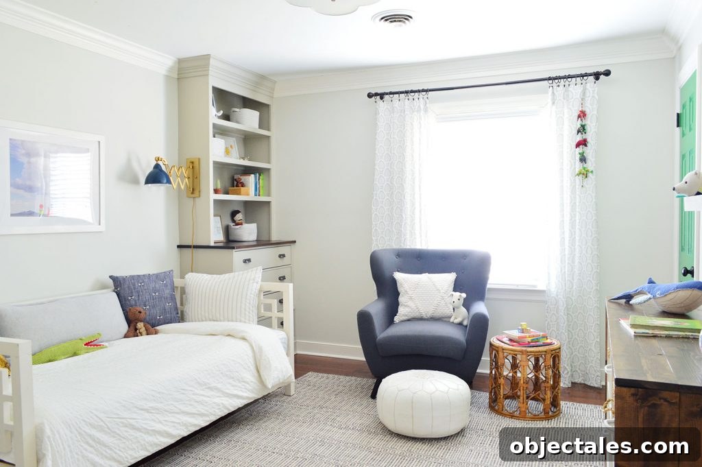 Boys Bedroom With Custom Bookshelves And Reading Chair