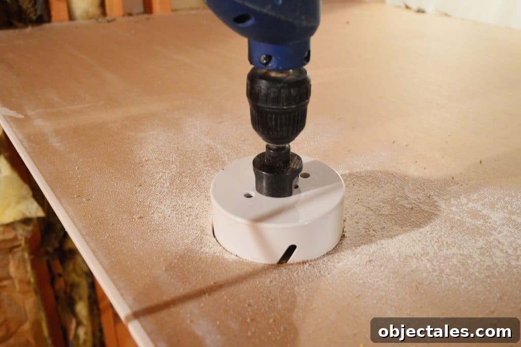 Hang Drywall Alone: Step-by-Step DIY Guide for One Person 8 drill with hole cutting bit attached sawing through drywall sheet