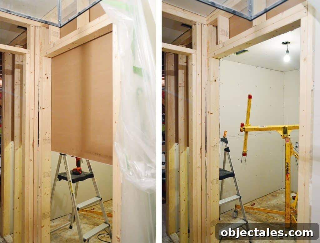 Hang Drywall Alone: Step-by-Step DIY Guide for One Person 12 Side by Side of hanging drywall over doorway with piece cut out