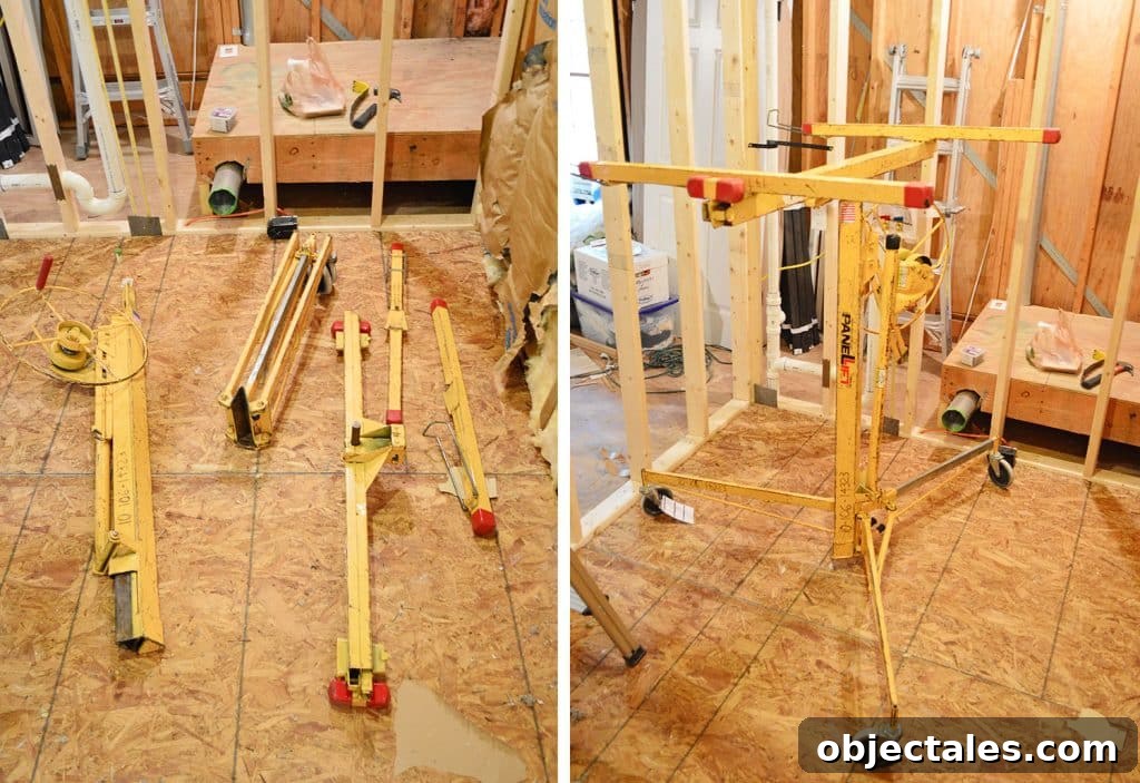 Hang Drywall Alone: Step-by-Step DIY Guide for One Person 3 Drywall lift rented from Home Depot for holding sheetrock in place during installation