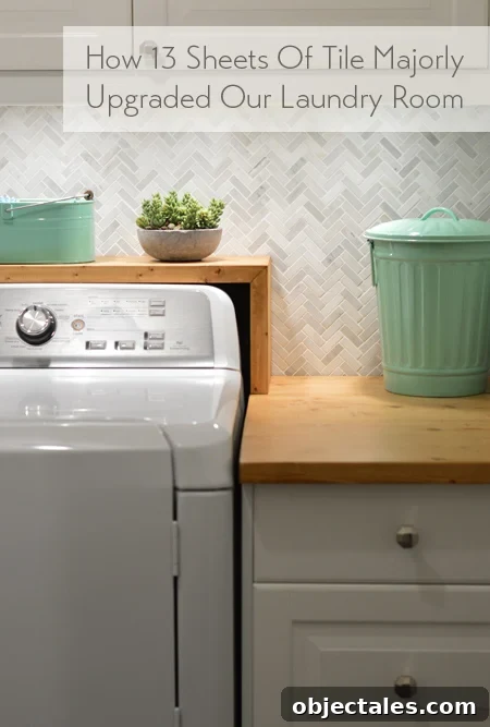 DIY Marble Herringbone Backsplash: Installation Steps 2 LaundryTileAfterShot