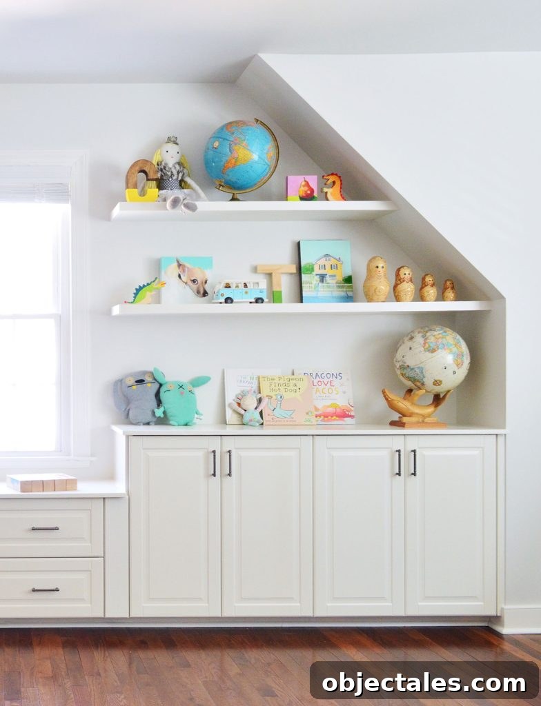 White Floating Shelves In Playroom With Toys Over Storage Cabinets