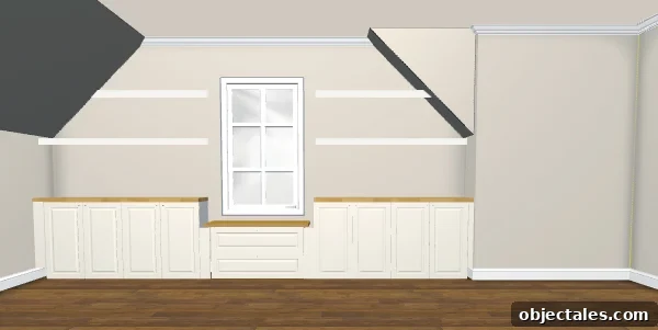 Rendering of built-in cabinets and two floating shelves using Ikea 3D Kitchen Planner