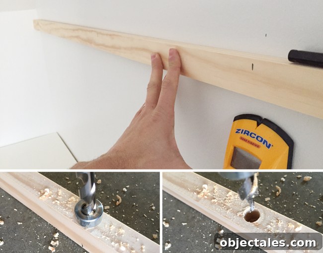 marking the placement of studs on a piece of 1x2 pine wood board and drilling pilot holes to sink screws into