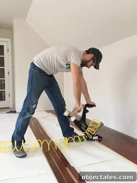 install hardwood flooring using rented floor nailer