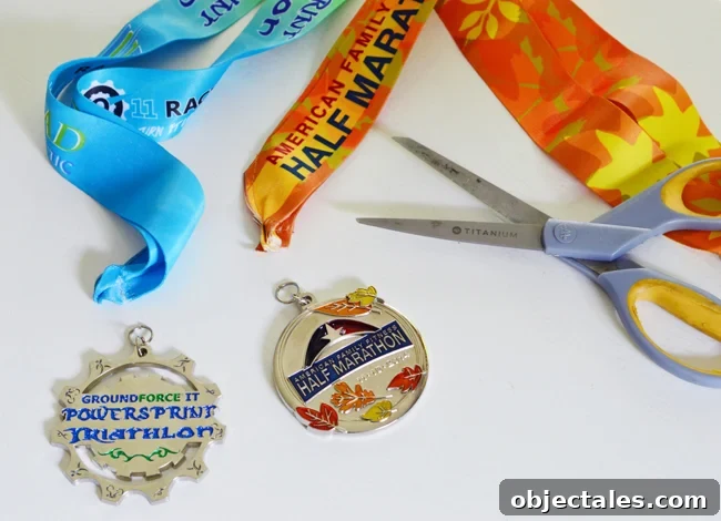 How to Turn Race Medals into Christmas Ornaments 5 cutting ribbons off of race medals to attach ornament ribbon