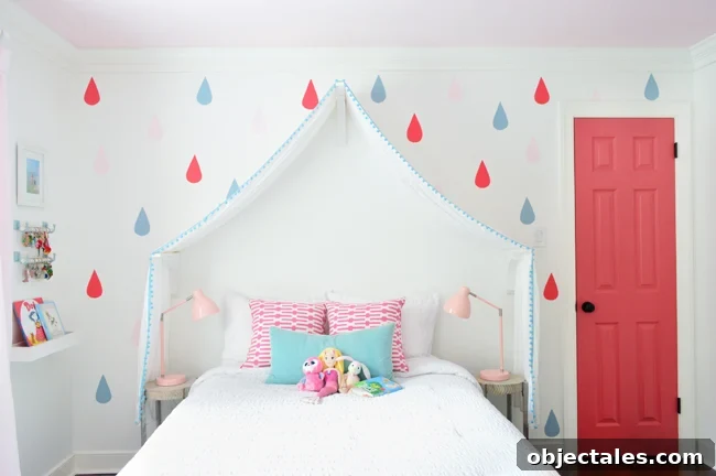 Our Daughter's Bedroom Makeover Timeline 20 GirlsRoom-Canopy-Raindrop-Wall-Colorful-Door