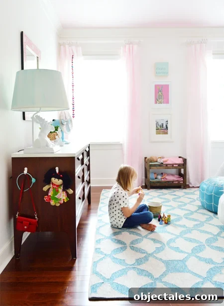 Our Daughter's Bedroom Through the Years 24 GirlsRoom-Pink-Curtains-Graphic-Rug-Play-Space