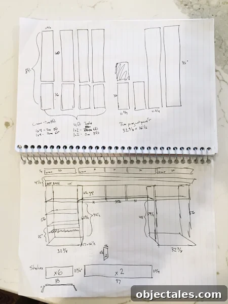 Build Custom Built-In Bookshelves: A Step-by-Step Guide 7 Sketch of DIY built-in bookshelves in notebook