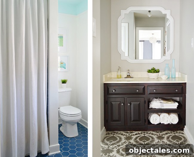 Current bathroom view with separate shower/toilet area and vanity