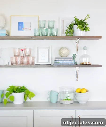 reclaimed wood shelves with polished nickel brackets and plants