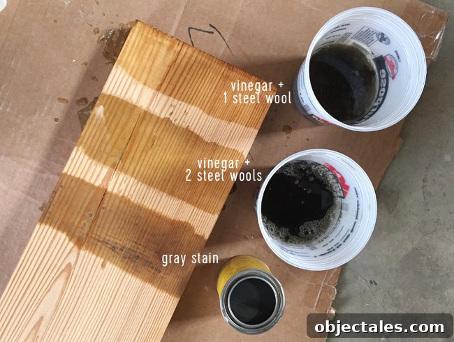 reclaimed wood shelves staining technique with vinegar and steel wool