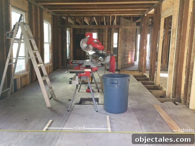 Kitchen layout marking for island and cabinets