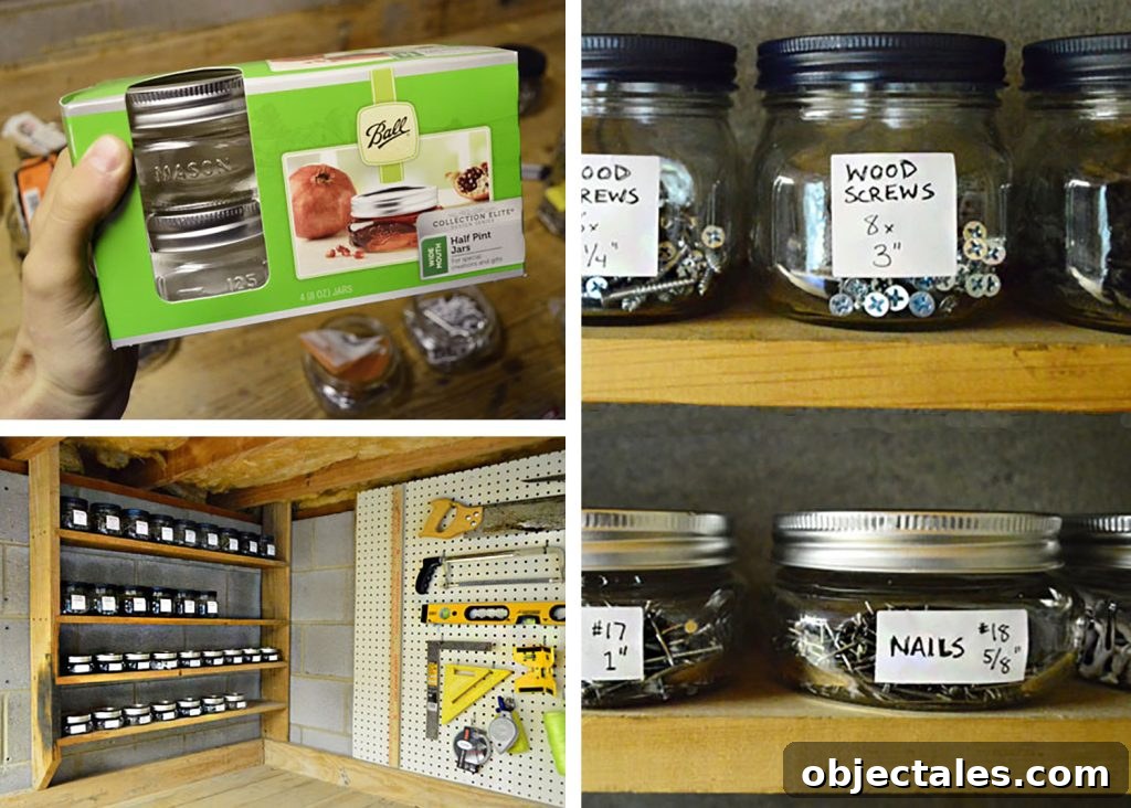 Collage of mason jar storage in shed to contain nails and screws