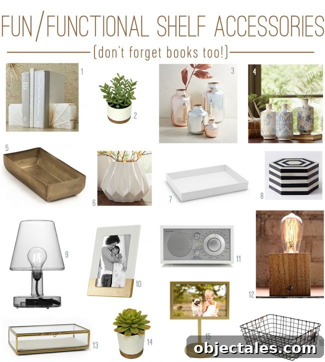 fun and functional neutral bookshelf accessories 