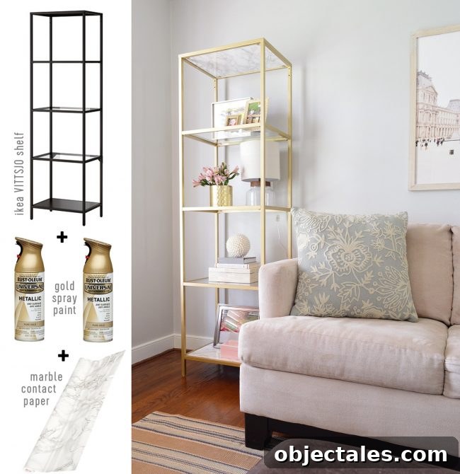 neutral living room gold ikea shelf hack with marble contact paper