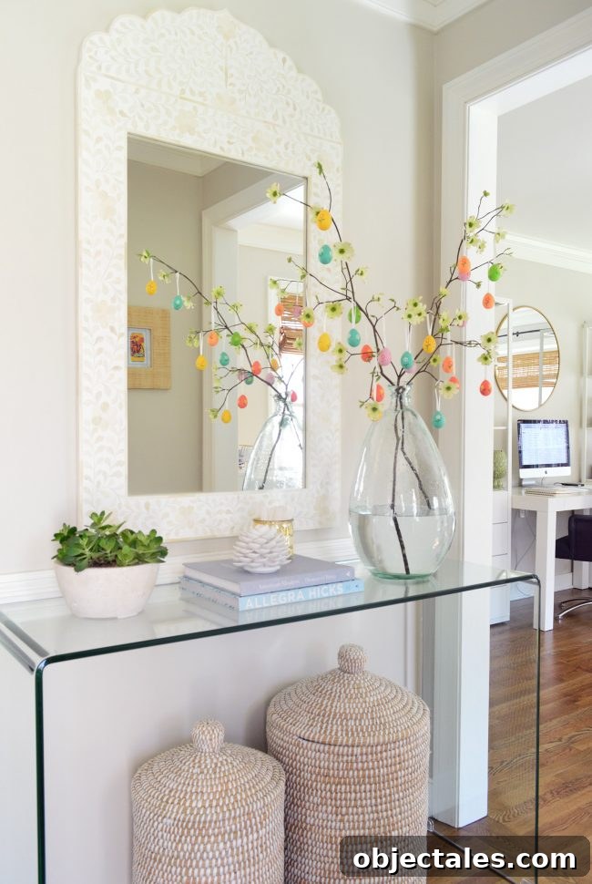 Make a Colorful Easter Egg Tree for Spring Decor 2 easy easter tree in neutral foyer