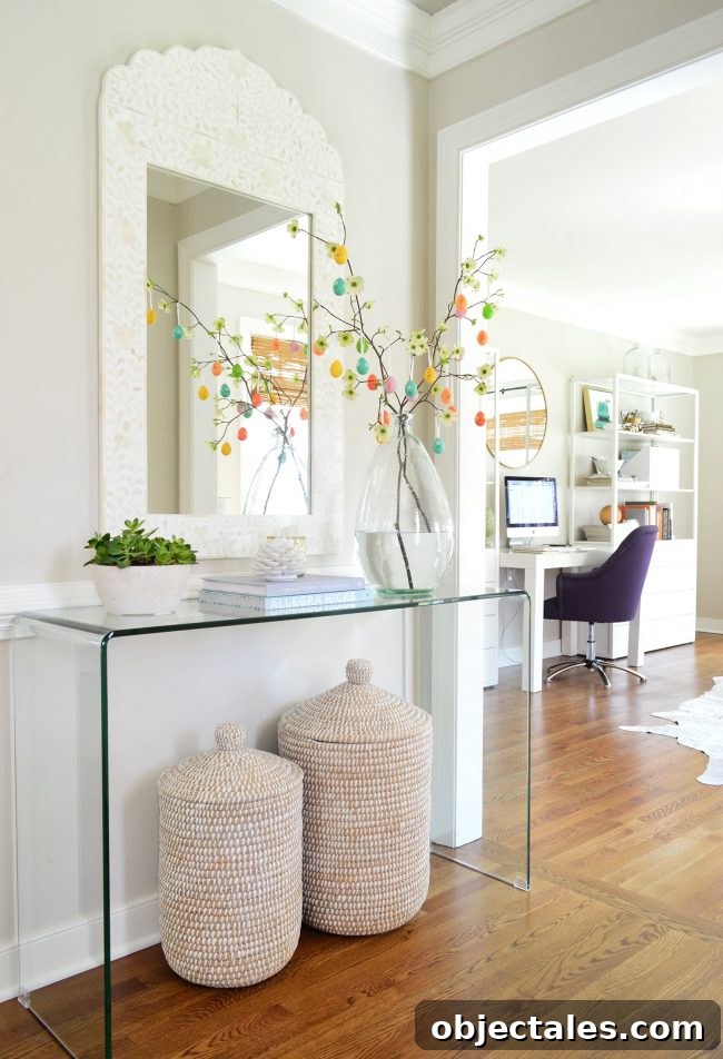 Make a Colorful Easter Egg Tree for Spring Decor 7 Easter Egg tree in foyer with acrylic console table