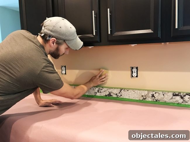 John sanding backsplash wall in preparation for tile installation