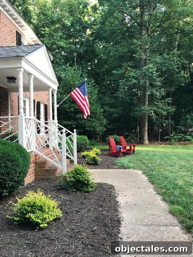 How We Planned Our Patriotic Front Porch and Yard 2 patriotic front porch with american flag red chairs blue ottoman