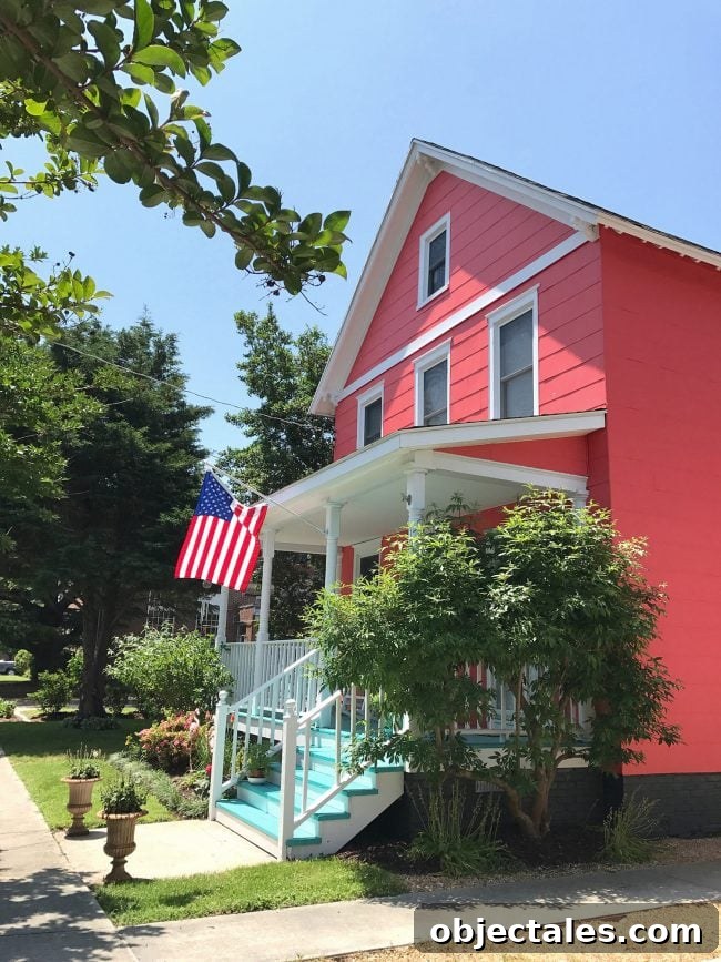 How We Planned Our Patriotic Front Porch and Yard 6 patriotic front porch bright pink house blue porch stairs