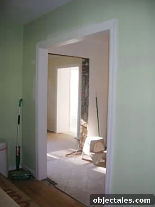 View from living room through widened openings into kitchen and den