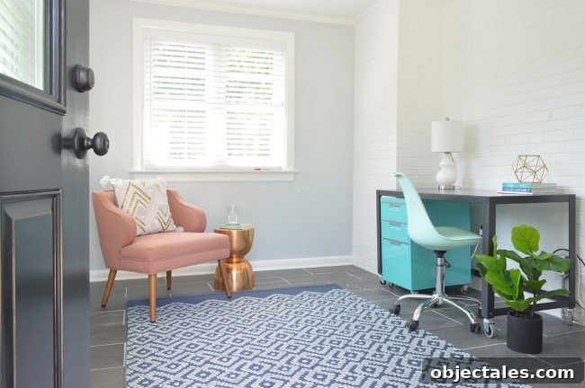 Turn Your House Into a Rental: Renovation Checklist 7 Small brick-walled office with pink chair