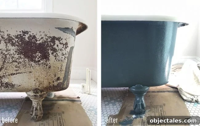 Refinish Your Old Clawfoot Tub: Step-by-Step Guide 2 Before and after of refinished navy blue clawfoot tub