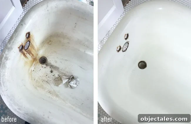 Refinish Your Old Clawfoot Tub: Step-by-Step Guide 3 Side by side before and after of cleaned inside of antique clawfoot tub