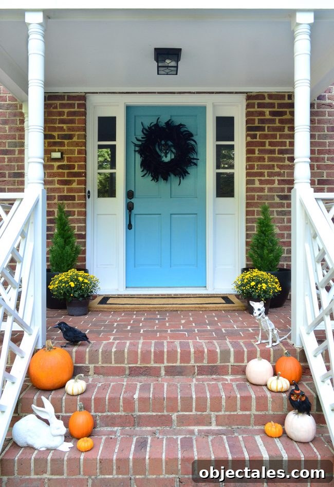 Front Porch Halloween Decor Pumpkins Blue Door Mums