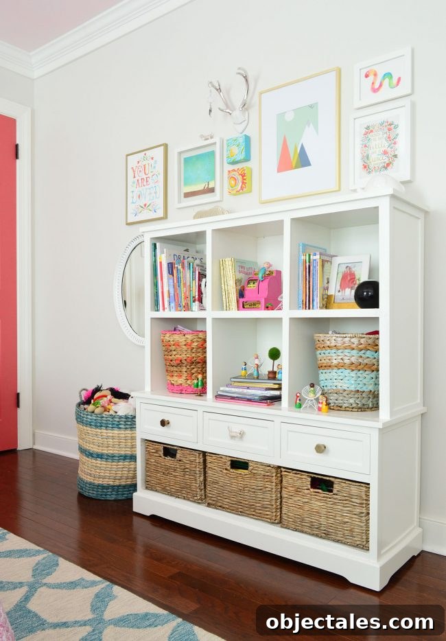 girls bedroom storage bookcase art wall