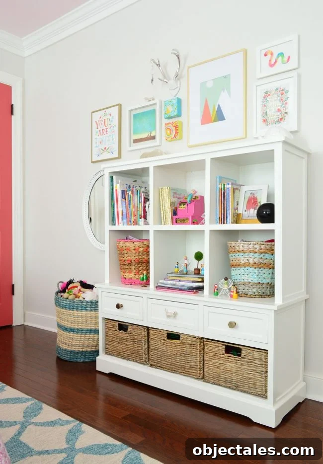 girls bedroom storage bookcase art wall