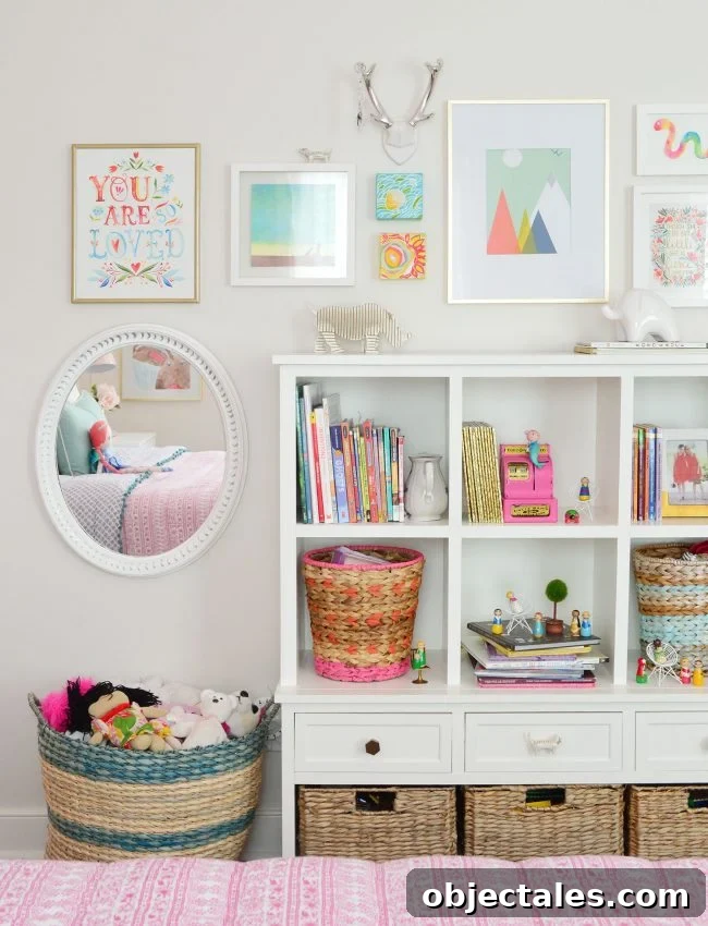 girls bedroom bookcase gallery frame wall