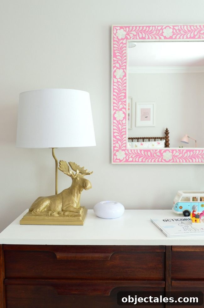 girls bedroom moose lamp pink mirror neutral wall