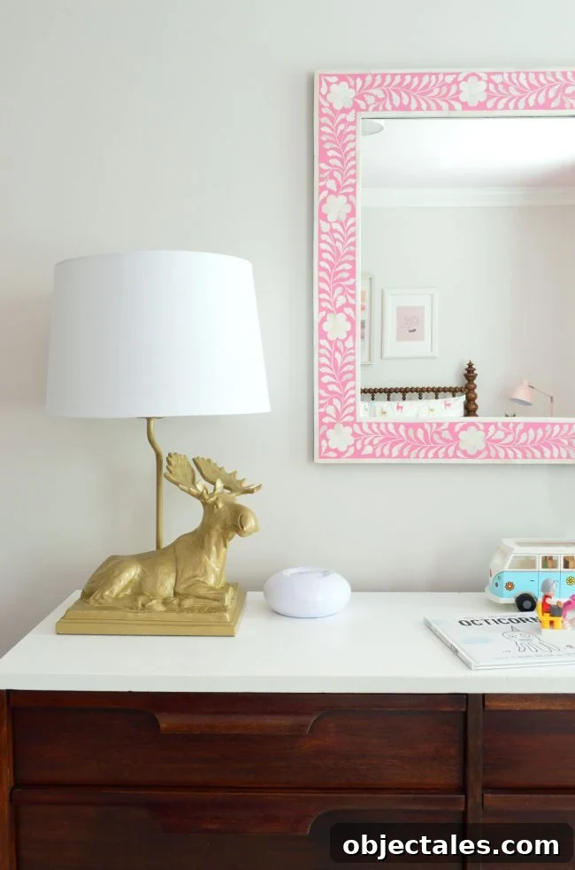 girls bedroom moose lamp pink mirror neutral wall