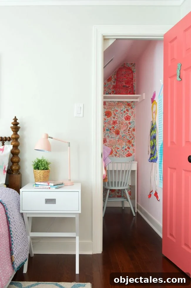 girls bedroom closet pink door wallpaper
