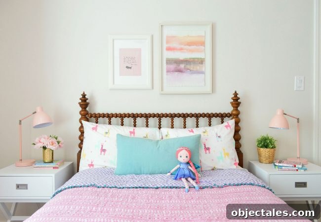 girls bedroom wooden headboard art above bed