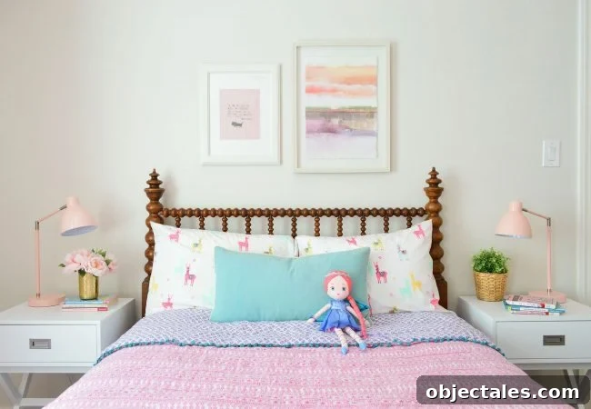 girls bedroom wooden headboard art above bed