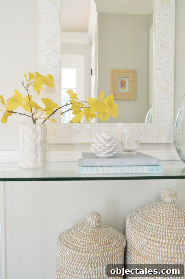 neutral foyer fake gingko branch decor