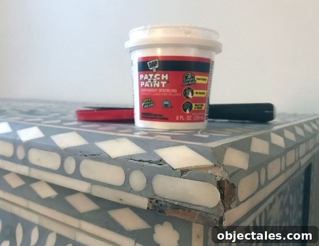 Fix Cracked or Broken Inlay Furniture: Step-by-Step Repair 5 repair inlay on broken and cracked dresser with spackle