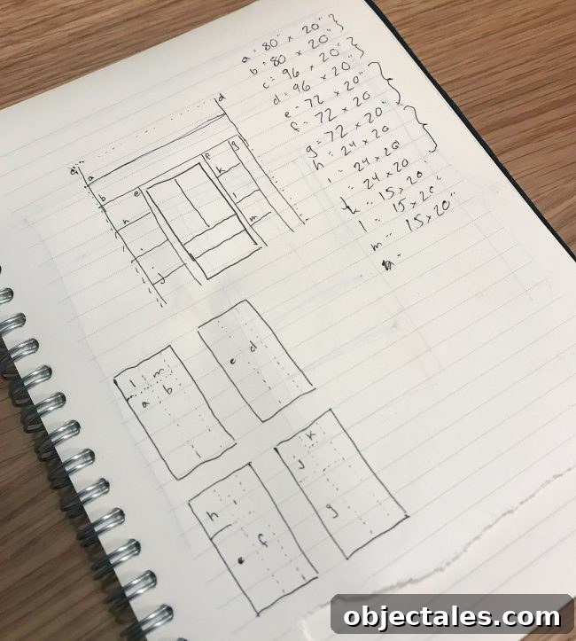 notebook with sketches of pantry shelves with materials outlined