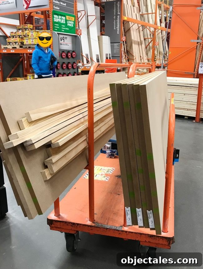 cart full of MDF and wood pieces for pantry shelf project