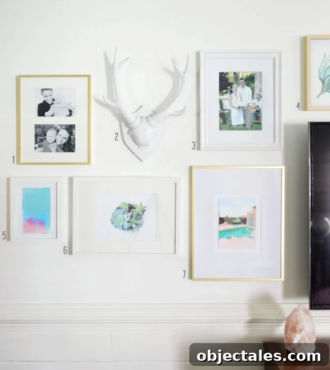 How to Hang Picture Frames Around a Wall-Mounted TV 10 mix of photos art and objects to create eclectic gallery wall around a tv