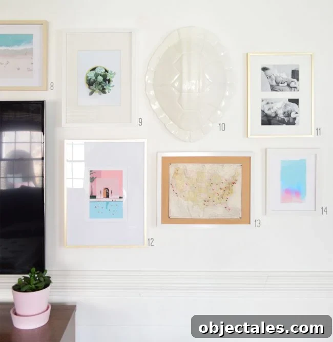 How to Hang Picture Frames Around a Wall-Mounted TV 11 grid of white and gold frames on white gallery wall