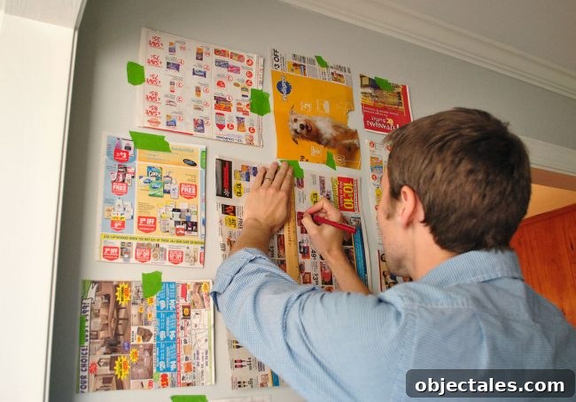 John marking placement of gallery wall using paper templates