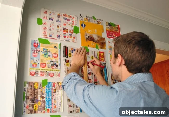 How to Hang Picture Frames Around a Wall-Mounted TV 7 John marking placement of gallery wall using paper templates