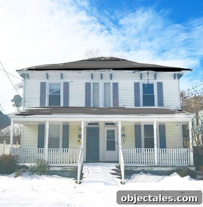 Before photo of historic home in Cape Charles Virginia in snow with roof