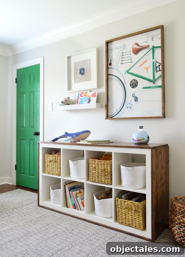 Bookcase with woven baskets and toys